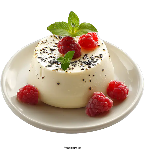 [Transparent Background PNG]Delicious Panna cotta with raspberries and mint