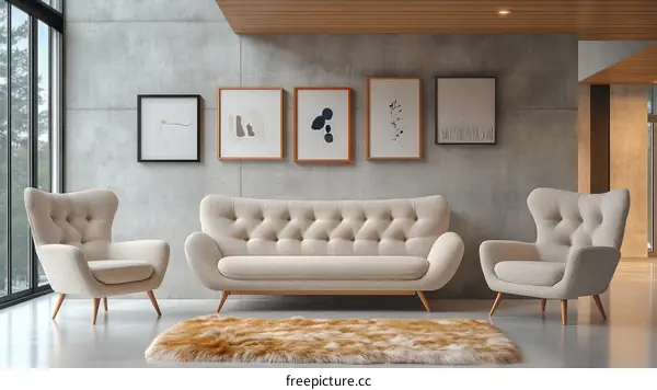 Modern Beige Sofa and Armchairs in a Stylish Living Room