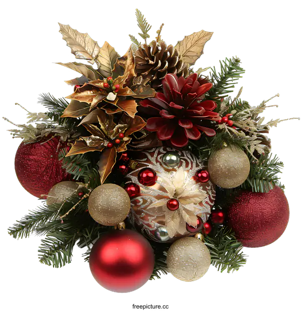 [Transparent Background PNG]Christmas Ornament Arrangement With Pine Cones and Red and Gold Baubles