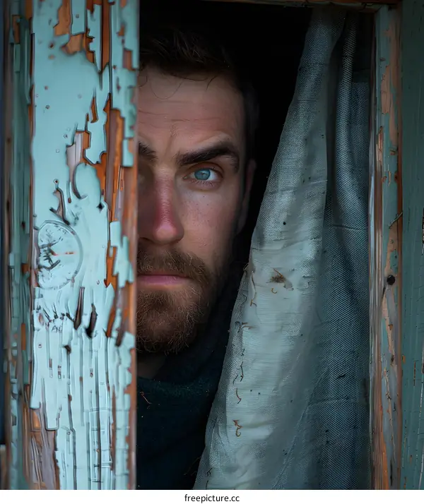 Blue-eyed man hiding behind a turquoise wooden door