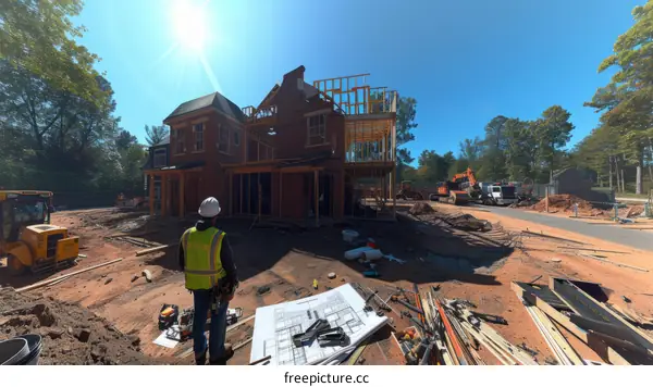 Construction workers are working on a house