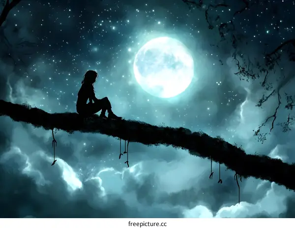 Silhouette of a Woman Sitting on a Branch Under the Full Moon and Stars