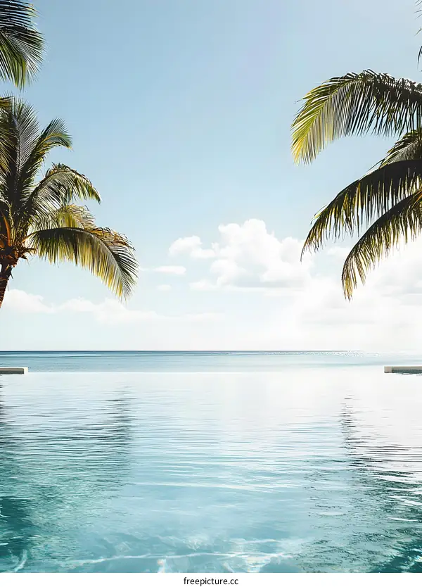 Tropical Infinity Pool View with Palm Trees and Ocean