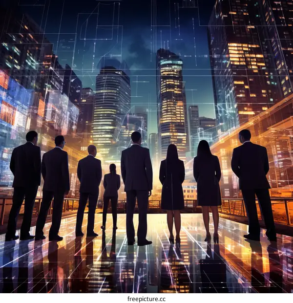 Business professionals looking at a futuristic city