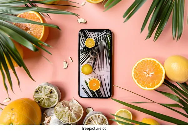 Orange and Palm Leaves Flatlay with Phone