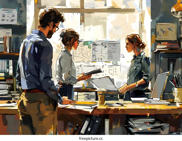 Three people in an office are looking at a document.