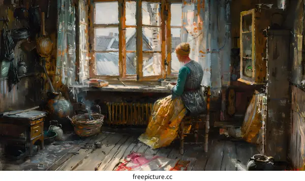 Woman Sitting by the Window in a Rustic Interior