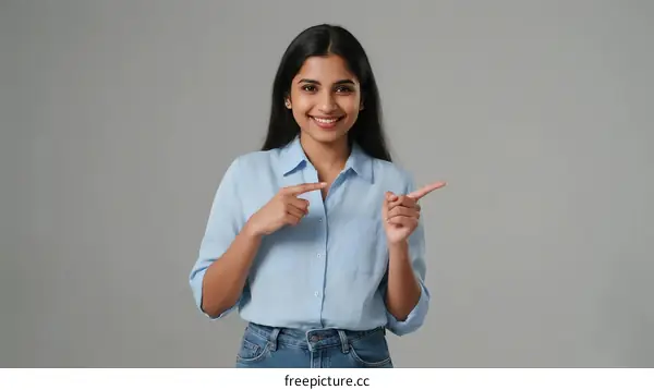 Smiling young woman pointing fingers to left and right against gray background