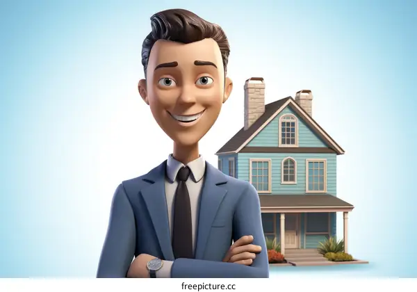 3D rendering of a real estate agent standing in front of a house