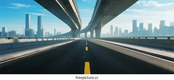 Modern urban highway with elevated bridges and city skyline in the background