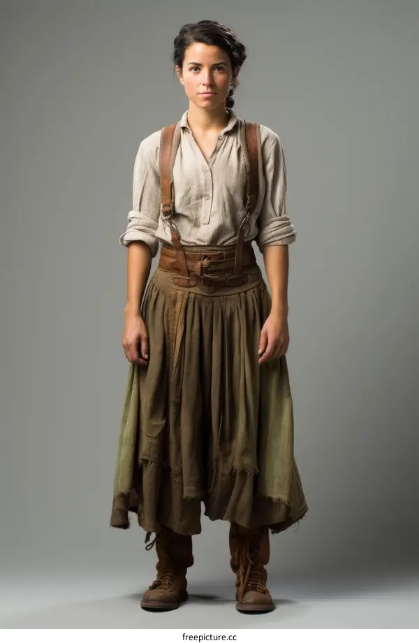 A woman wearing a brown skirt, white blouse, and suspenders