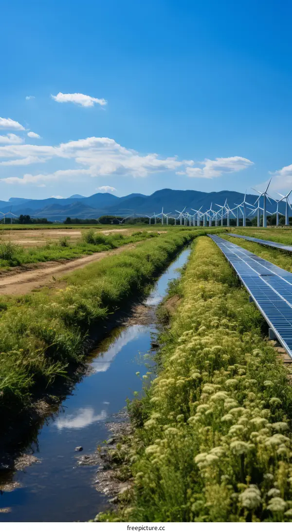 A field of solar panels and wind turbines with mountains in the distance