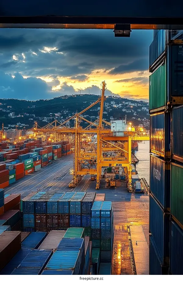 Container Terminal at Sunset with Silhouette People