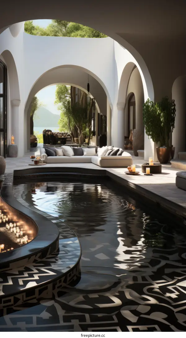 Modern敞口游泳池露台与休息室