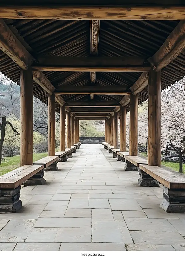 Wooden Covered Pathway with Benches and Trees