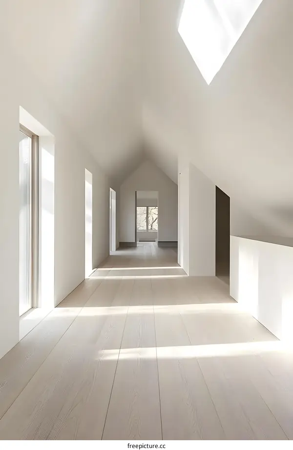 Modern Minimalist White Hallway Interior Design with Wooden Floor and Skylight