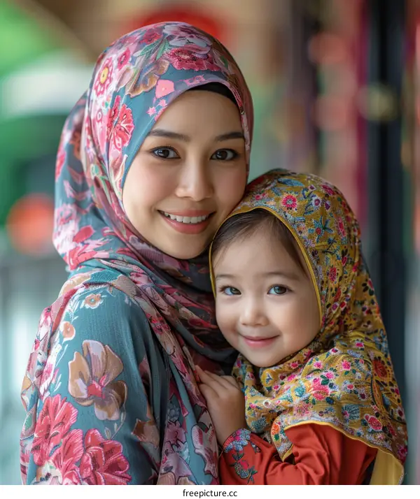 A mother and her daughter are wearing colorful headscarves.