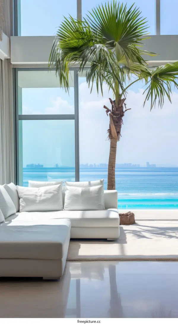 Modern living room interior with large windows overlooking the ocean