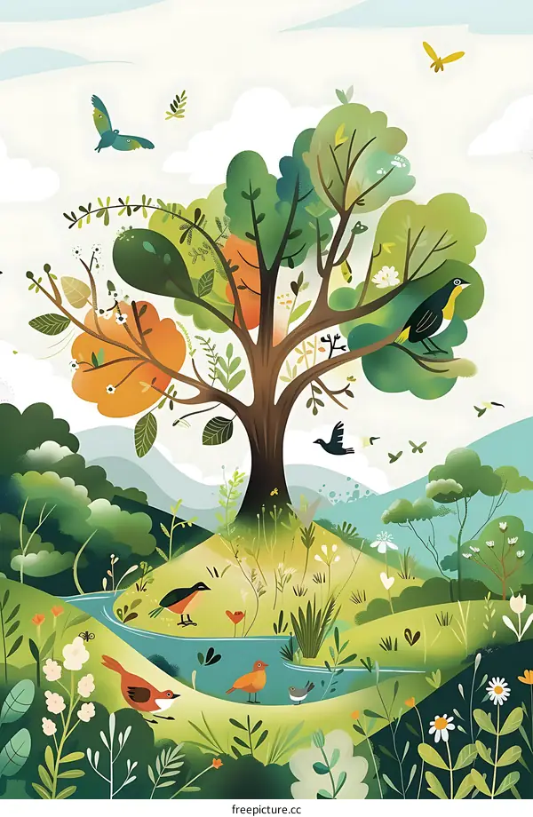 Spring Tree Illustration with Birds
