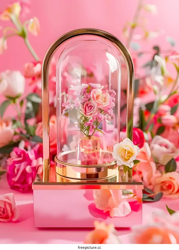 Pink Roses in Glass Dome on Pink Background