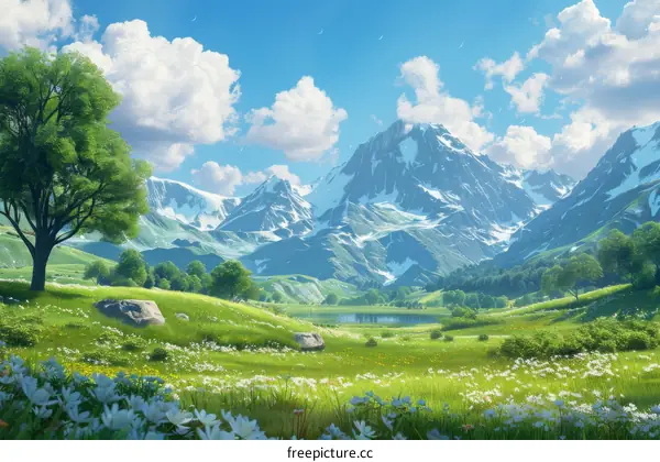 Fantasy Landscape with Mountains, Lake, and Flowers