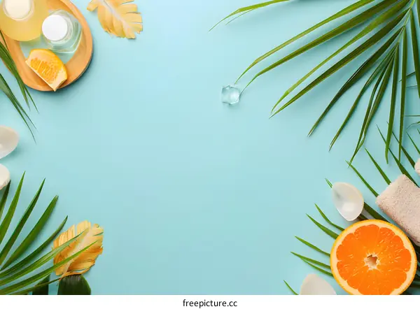 Summer Background with Tropical Leaves, Oranges, and Shells on a Blue Background