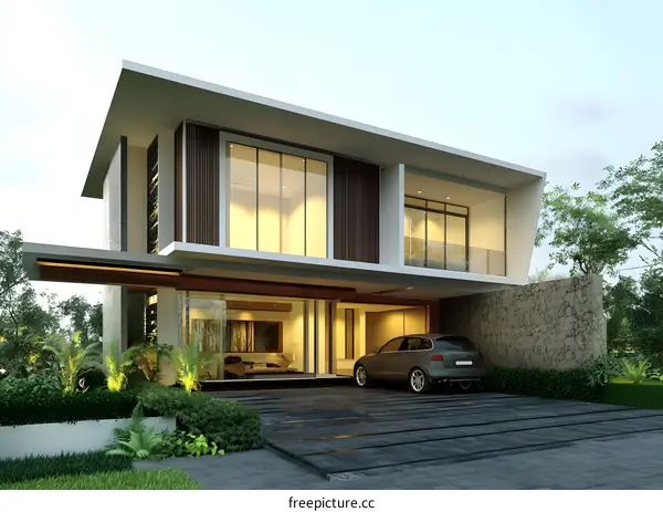 Modern Luxury Home with Stone Wall and Garage