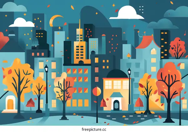 Autumn Cityscape with Night Sky and Moon