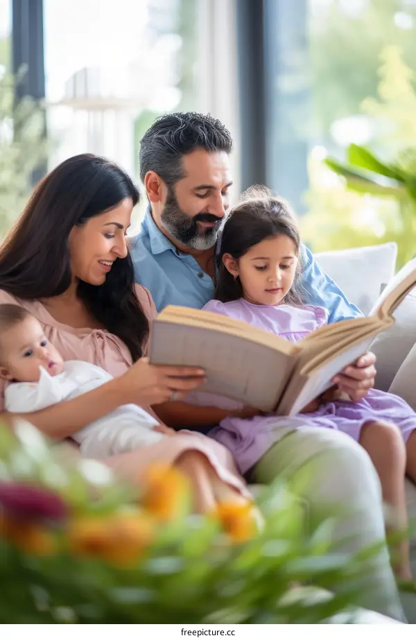 Family of four reading a book together on a couch