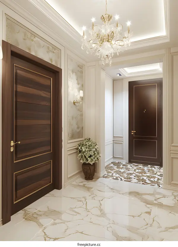 Elegant Foyer Entrance Design With Crystal Chandelier