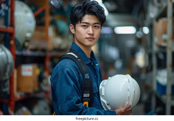 Portrait of a young Asian man wearing a hard hat and safety vest