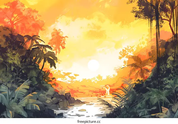 Waterfall Landscape with Palm Trees and Sunset