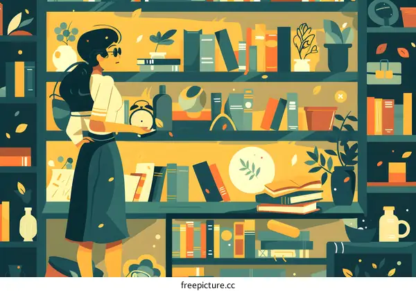Woman Standing by Bookshelf With Books and Plants