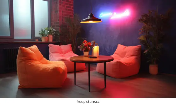 Modern Cozy Lounge Area with Neon Lights