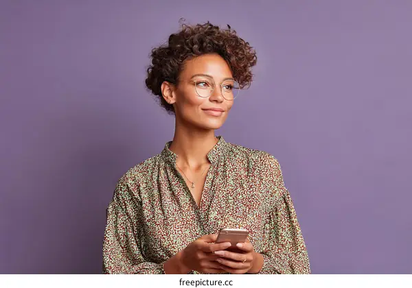 Woman with glasses holding a phone in a studio portrait