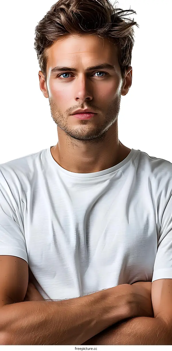 Portrait of a handsome young man with blue eyes and brown hair wearing a white t-shirt