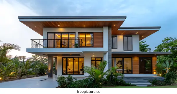 Modern Two Storey House with Wooden Panels