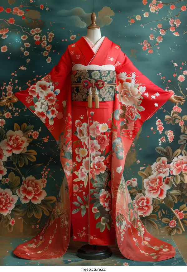 A kimono with a floral pattern and a green background.