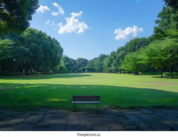 Empty Park Bench with Lush Green Grass