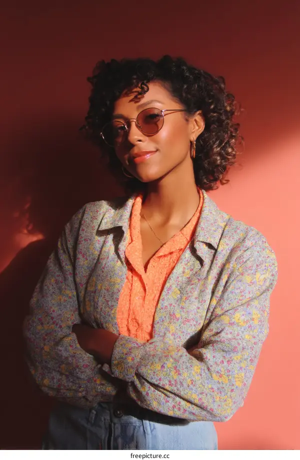 Stylish Woman Posing Against a Coral Background