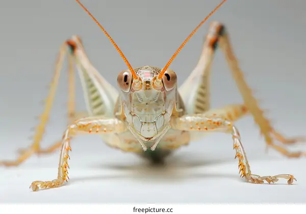 A macro photo of a green and brown katydid