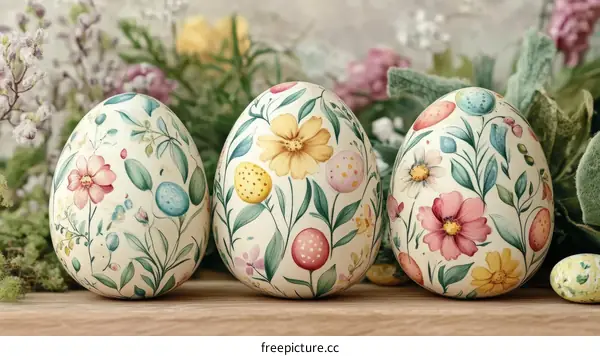Floral Decorated Easter Eggs on Wooden Surface