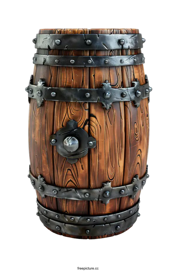 [Transparent Background PNG]Wooden Barrel with Metal Bands on transparent background