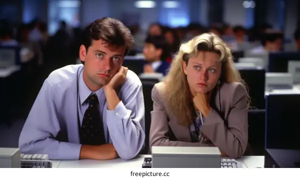 Two office workers are sitting at their desks looking bored