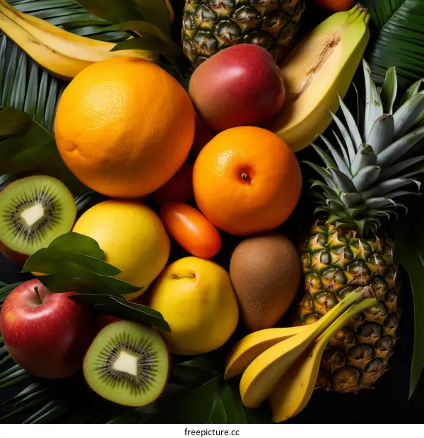 Assortment of Vibrant Tropical Fruits on Black Background with Green Leaves