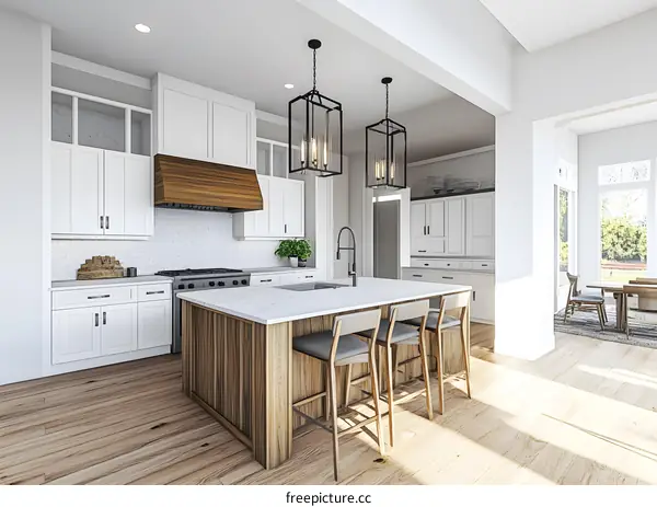 Modern Kitchen Interior Design With White Cabinets and Wood Island