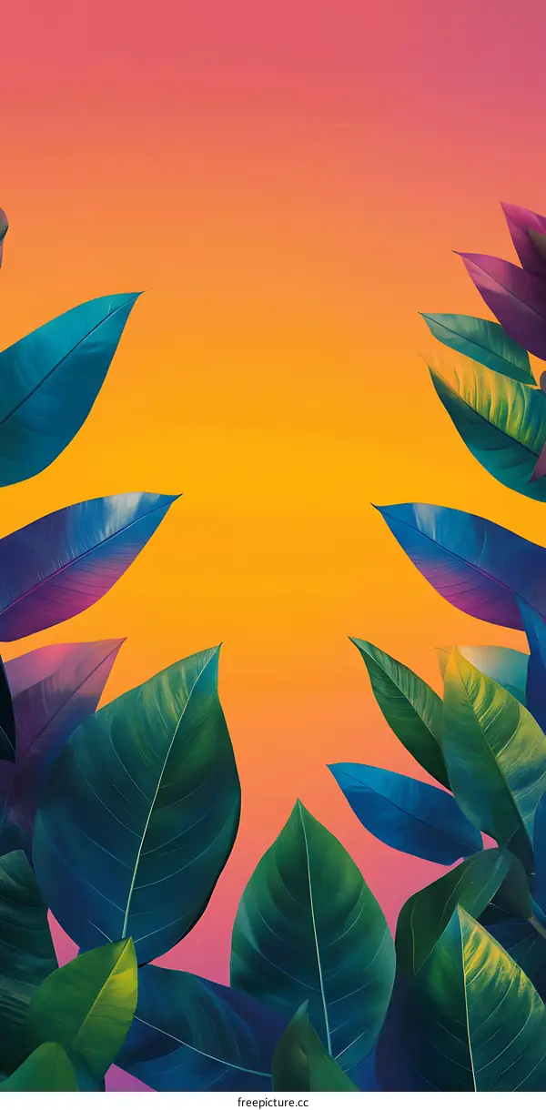Tropical Leaves on Orange and Pink Gradient Background