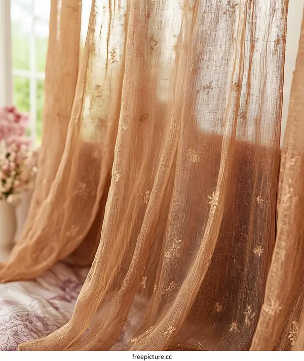 Light Brown Embroidered Sheer Curtains