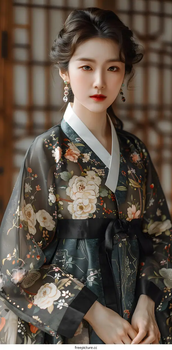 Portrait of a young woman in traditional Korean dress, or Hanbok