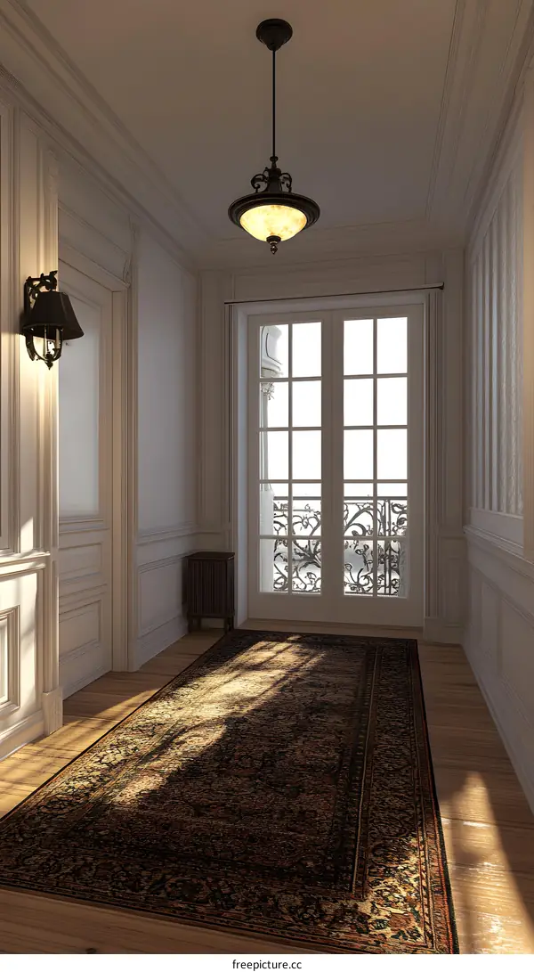 Classic French Style Interior Design Hallway with Vintage Rug and Chandelier